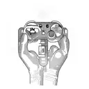 A mechanical hand holding a controller, surrounded by video game characters tattoo design idea