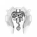 A mechanical hand holding a controller, surrounded by video game characters tattoo design idea