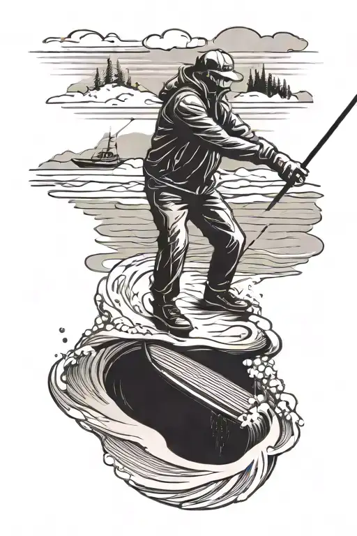 A snow-covered golf course with a fishing boat frozen in the lake and a skier jumping over a sand trap tattoo design idea