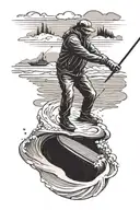 A snow-covered golf course with a fishing boat frozen in the lake and a skier jumping over a sand trap tattoo design idea
