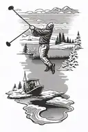 A snow-covered golf course with a fishing boat frozen in the lake and a skier jumping over a sand trap tattoo design idea