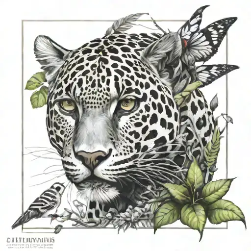 cyberpunk jaguar with birds and plants tattoo design idea