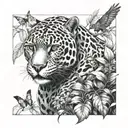 cyberpunk jaguar with birds and plants tattoo design idea