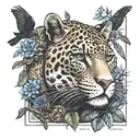cyberpunk jaguar with birds and plants tattoo design idea