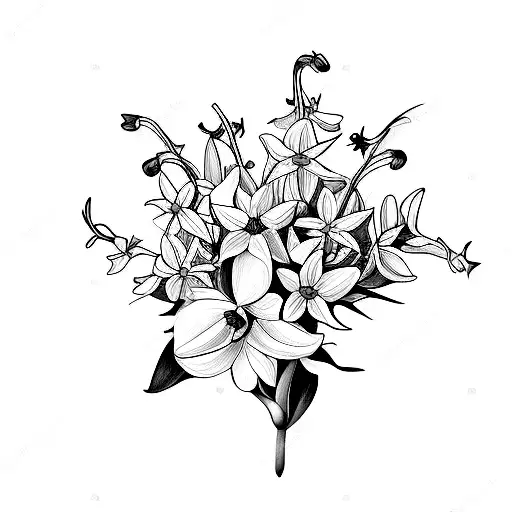 bouquet of a daffodil, a lily of the valley, a honeysuckle, a morning glory and a holly tattoo design idea