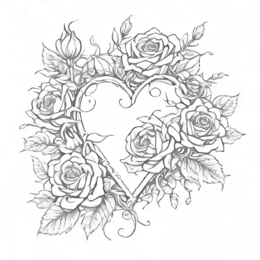 roses and crysanthemums making a heart, with thorns and sparkles around it  tattoo design idea