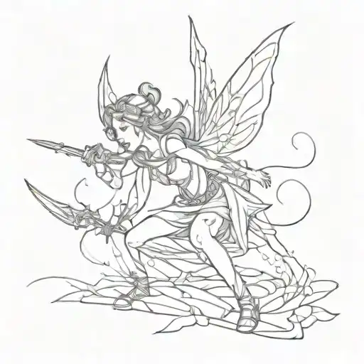 fairy fighting her own emotions representing mental health struggles with a heart shaped sword  tattoo design idea