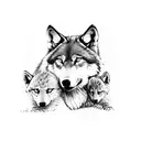 male wolf protecting female and cubs tattoo design idea