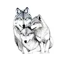 male wolf protecting female and cubs tattoo design idea