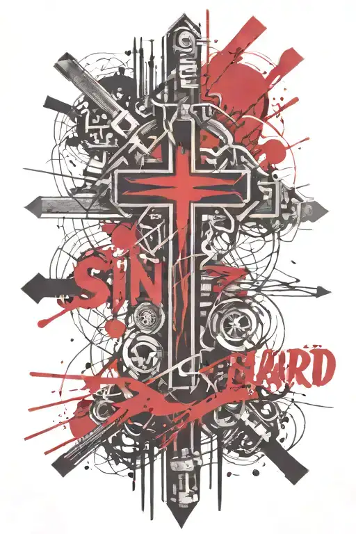 Cross made of nails with words "Sin Hard or Jesus Died for Nothing" tattoo design idea
