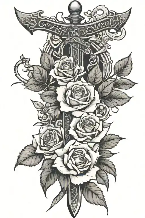 Roses of Sharon with sword and cross and hebrew lettering tattoo design idea