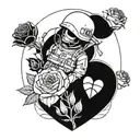 A futuristic design featuring a sky soldier in combat gear surrounded by floating hearts and roses, symbolizing love and bravery in the army tattoo design idea