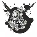 A futuristic design featuring a sky soldier in combat gear surrounded by floating hearts and roses, symbolizing love and bravery in the army tattoo design idea