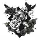 A futuristic design featuring a sky soldier in combat gear surrounded by floating hearts and roses, symbolizing love and bravery in the army tattoo design idea