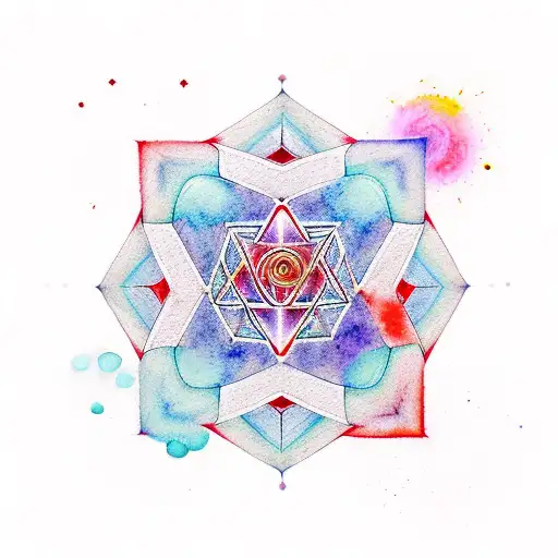 Metatron cube surrounded  with watercolor chakra with red line leading to om symbol tattoo design idea