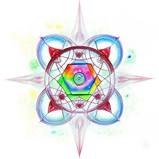 Metatron cube  with chakrs in water color with red line leading to om symbol tattoo design idea