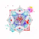 Metatron cube surrounded  with watercolor chakra with red line leading to om symbol tattoo design idea