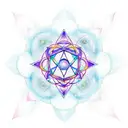 Metatron cube surrounded  with watercolor chakra with red line leading to om symbol tattoo design idea