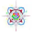 Metatron cube  with chakrs in water color with red line leading to om symbol tattoo design idea