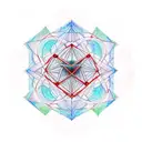Metatron cube  with chakrs in water color with red line leading to om symbol tattoo design idea