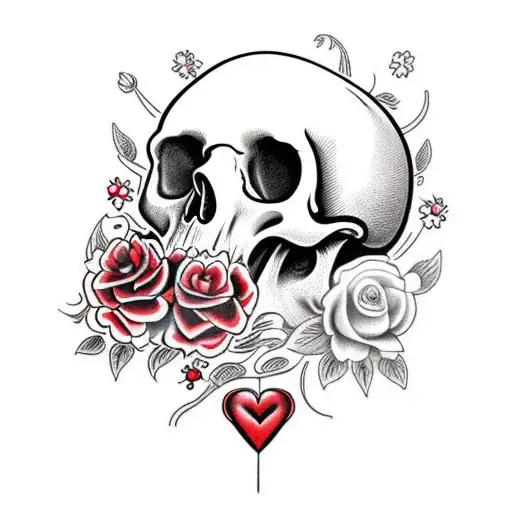 heart with red flowers under and a big skull - hand sleeve tattoo design idea