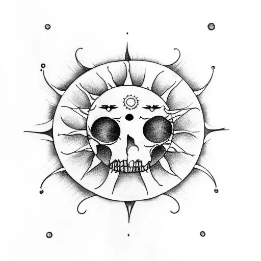 very thin and tired person, wearing a pantaloon and a shirt with holes, sun and moon, sitting on a chair out of bones  tattoo design idea