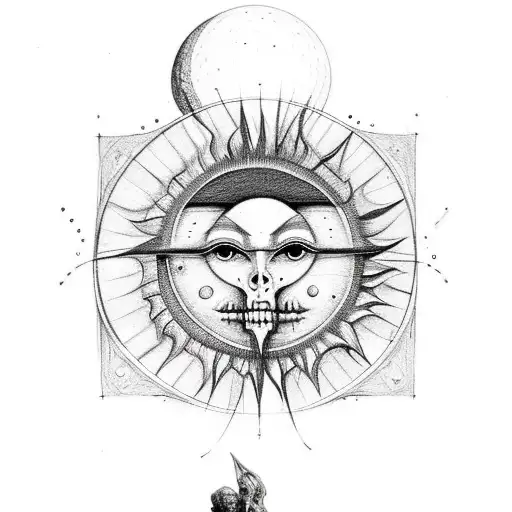 very thin and tired person, wearing a pantaloon and a shirt with holes, sun and moon, sitting on a chair out of bones  tattoo design idea