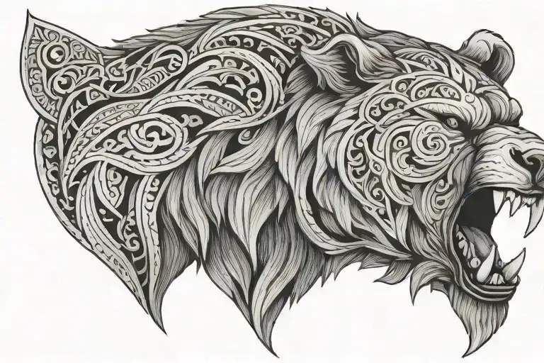 angry norse bear head, viki whitman strength courage, side view tattoo design idea
