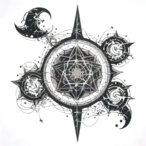 Subtle Glow: The celestial tattoo maintains a gentle, ambient glow that is barely perceptible under normal lighting conditions. It appears as a faint, shimmering pattern of interconnected celestial symbols and intricate lines. tattoo design idea