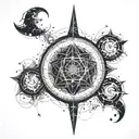 Subtle Glow: The celestial tattoo maintains a gentle, ambient glow that is barely perceptible under normal lighting conditions. It appears as a faint, shimmering pattern of interconnected celestial symbols and intricate lines. tattoo design idea