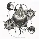 Subtle Glow: The celestial tattoo maintains a gentle, ambient glow that is barely perceptible under normal lighting conditions. It appears as a faint, shimmering pattern of interconnected celestial symbols and intricate lines. tattoo design idea