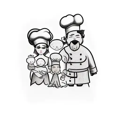 A tattoo with a family portrait  A 50 years old man with a chef hat, holding a black white cat  A 50 years woman with lo tattoo design idea