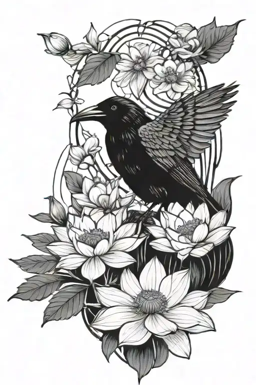 crow and lotus flower blooming cherry blossom tattoo design idea
