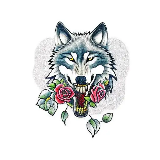 wolf with roses in mouth opposite wolf with hand in mouth tattoo design idea