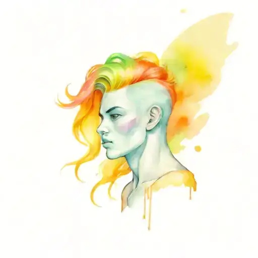 pale angel boy with muscles and rainbow hair  tattoo design idea