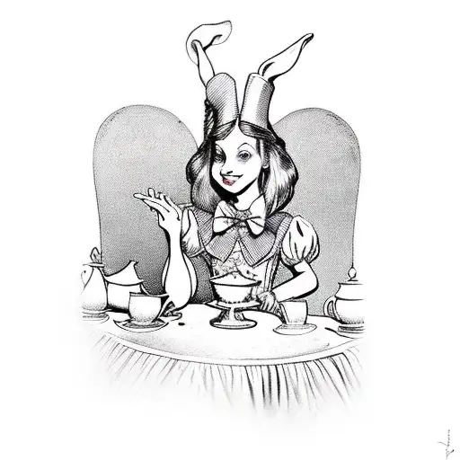Alice from Alice in Wonderland sitting at a table with the White rabbit and the mad hatter While they have a Tea party  tattoo design idea