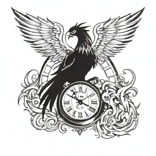 Arm tattoo of a evil black phoenix in flames which has a black clock included in its tail tattoo design idea