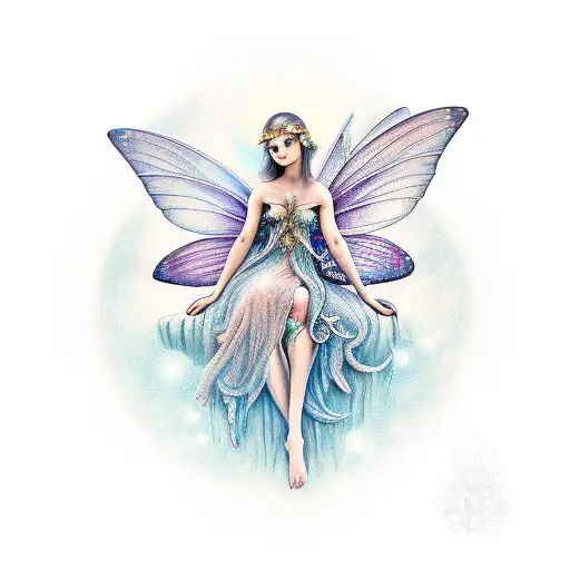A glowing fairy sits on a monster's palm and holds a large shell tattoo design idea