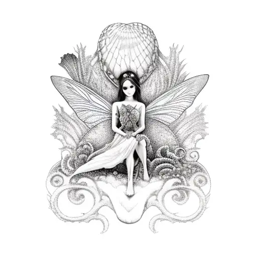 fairy sits on a monster's big palm and holds a large shell tattoo design idea