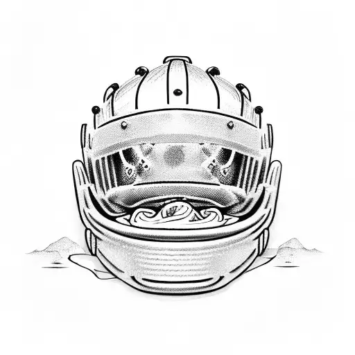 A golden retriever wearing a hockey helmet and sitting on a lasagna throne tattoo design idea