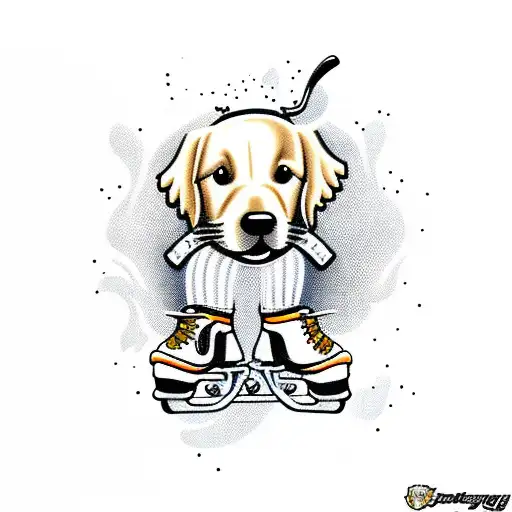 A golden retriever wearing a hockey skates and eating lasagna tattoo design idea
