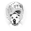 A golden retriever wearing a hockey helmet and sitting on a lasagna throne tattoo design idea