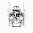 A golden retriever wearing a hockey helmet and sitting on a lasagna throne tattoo design idea