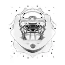 A golden retriever wearing a hockey helmet and sitting on a lasagna throne tattoo design idea