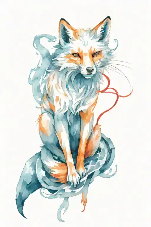 nine tailed fox sitting on rock ledge, broken red string hangin from mouth tattoo design idea
