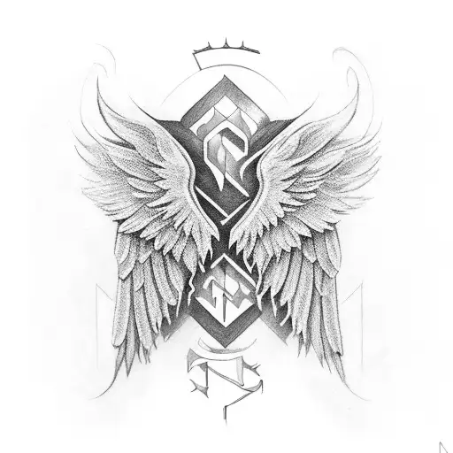 Wings with family initials tattoo design idea