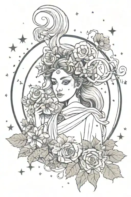 An Aries witch with flowers and the Aries constellation surrounding her tattoo design idea