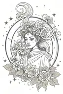 An Aries witch with flowers and the Aries constellation surrounding her tattoo design idea
