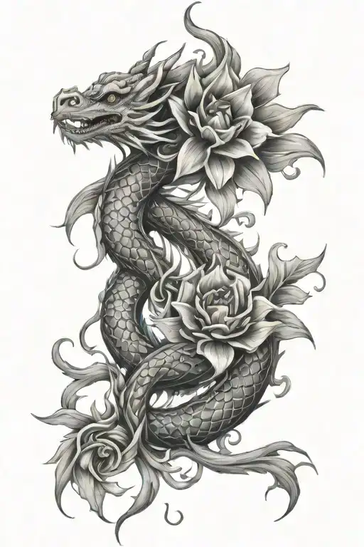 dragon flower intertwined tattoo design idea