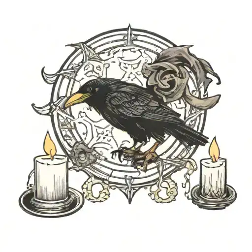 Raven in a witch's hat under the full moon with a grimoire and candles tattoo design idea
